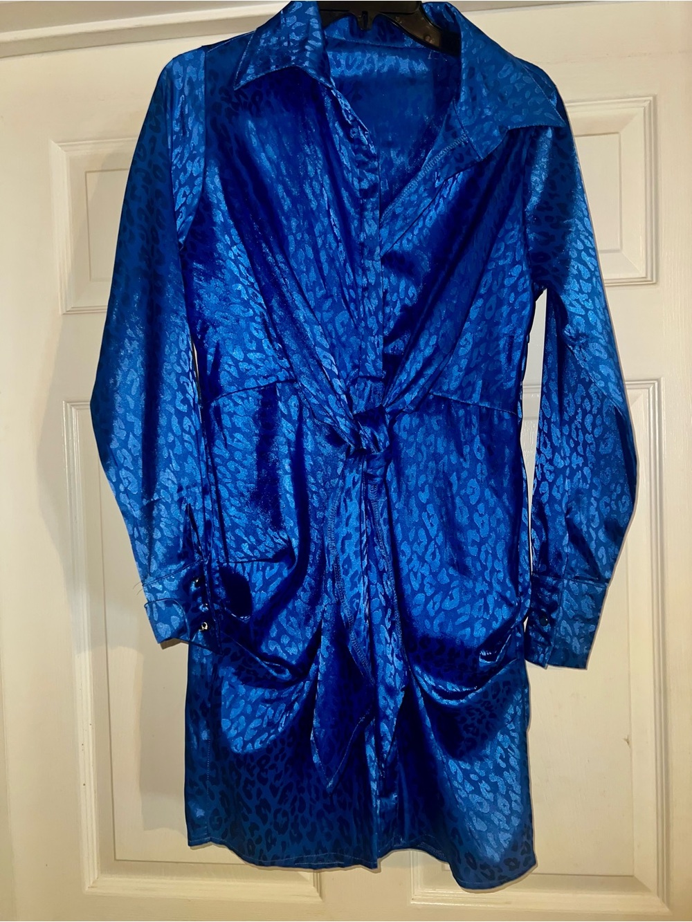 Blue Satin Leopard Print Tie-Front Shirt Dress